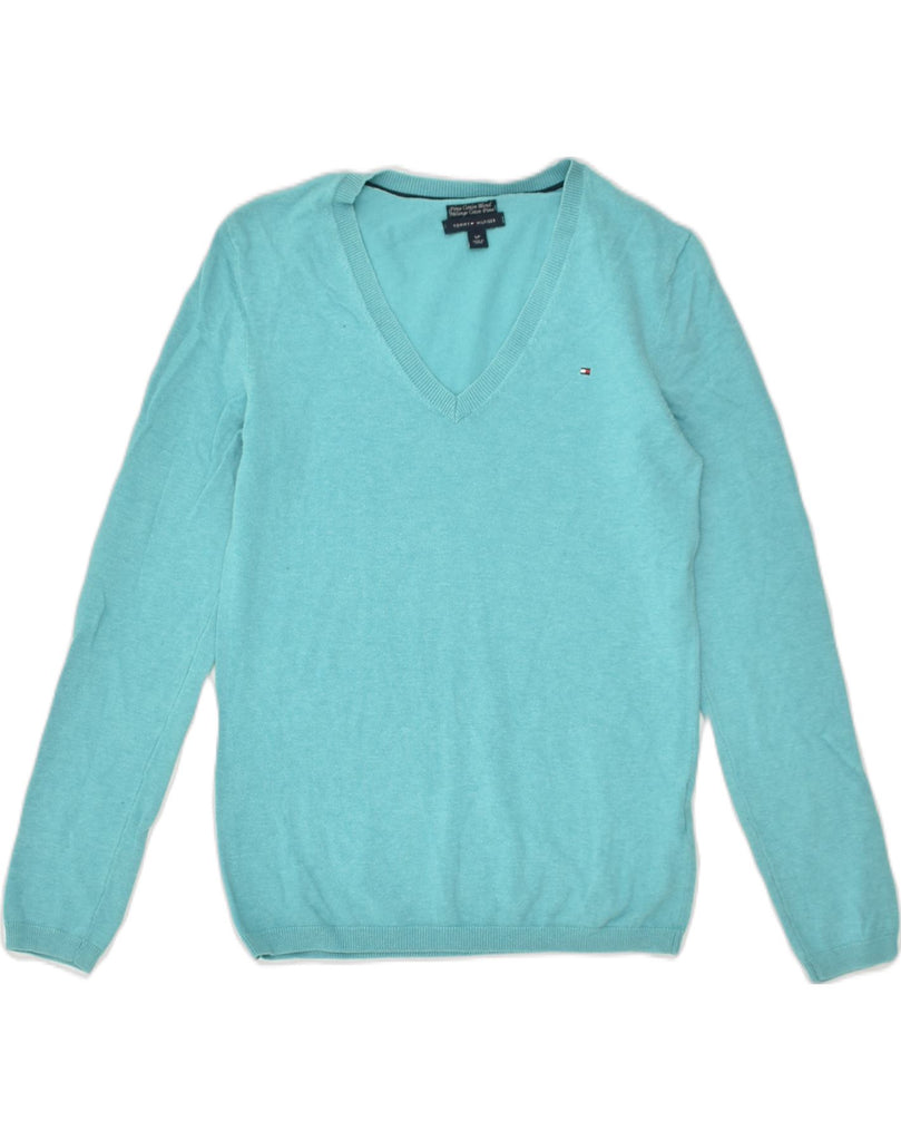 TOMMY HILFIGER Womens V-Neck Jumper Sweater UK 10 Small Turquoise Cotton | Vintage Tommy Hilfiger | Thrift | Second-Hand Tommy Hilfiger | Used Clothing | Messina Hembry 