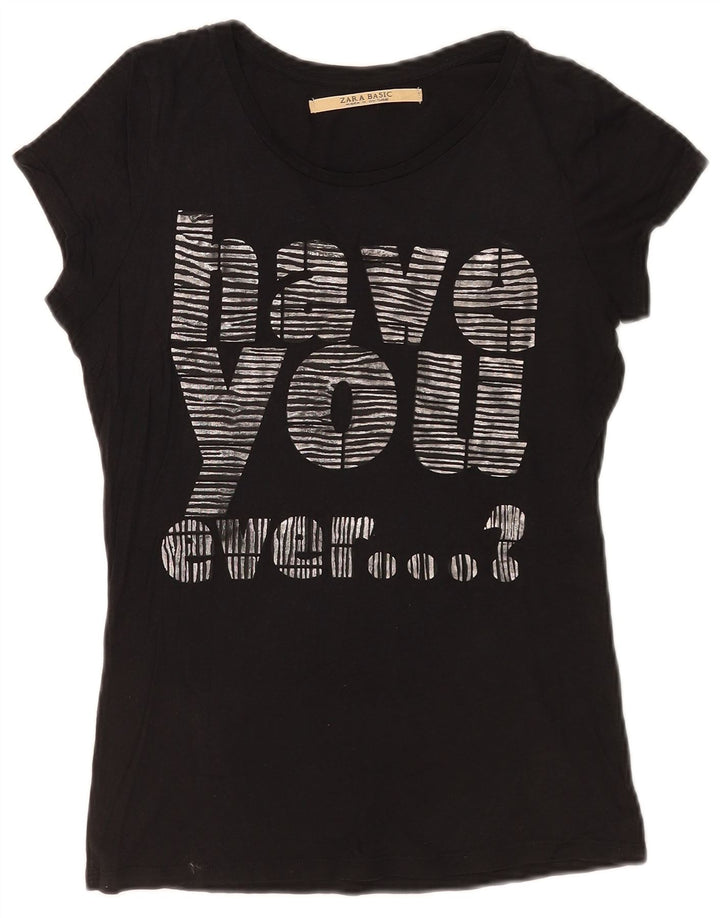 Zara Womens Graphic T-Shirt Top UK 12 Medium Black
