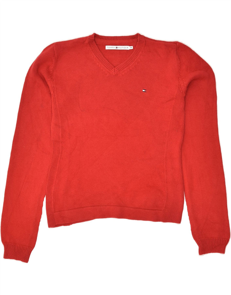 TOMMY HILFIGER Womens V-Neck Jumper Sweater UK 14 Medium Red Cotton | Vintage Tommy Hilfiger | Thrift | Second-Hand Tommy Hilfiger | Used Clothing | Messina Hembry 