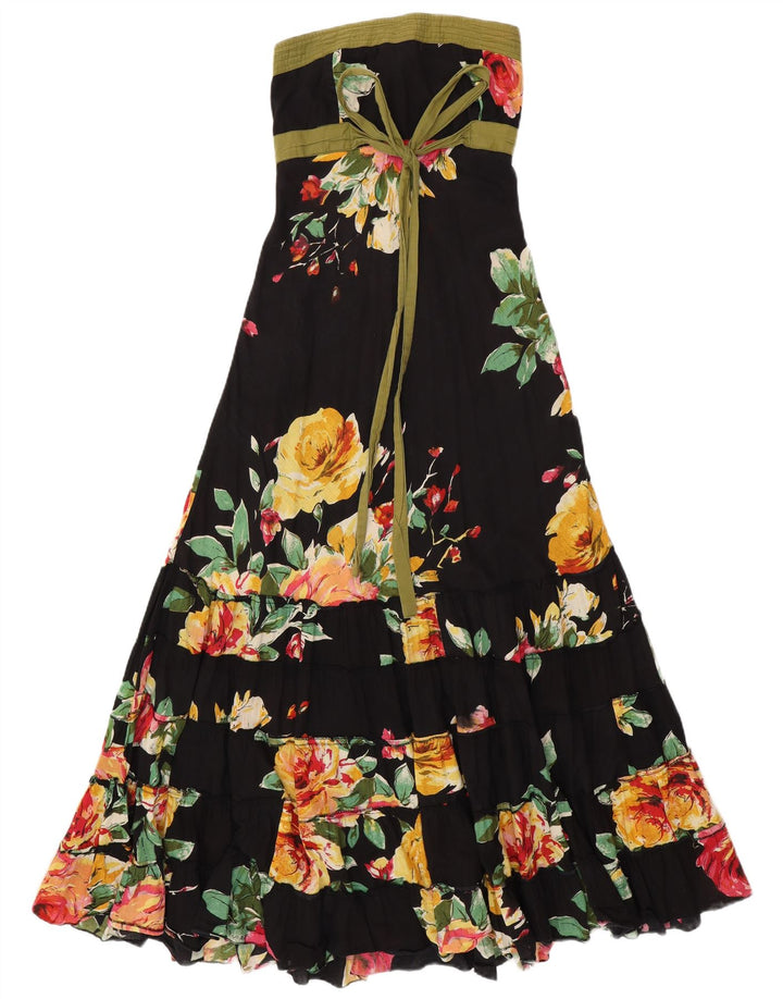VINTAGE Womens Maxi Strapless Dress UK 14 Medium Black Floral Cotton