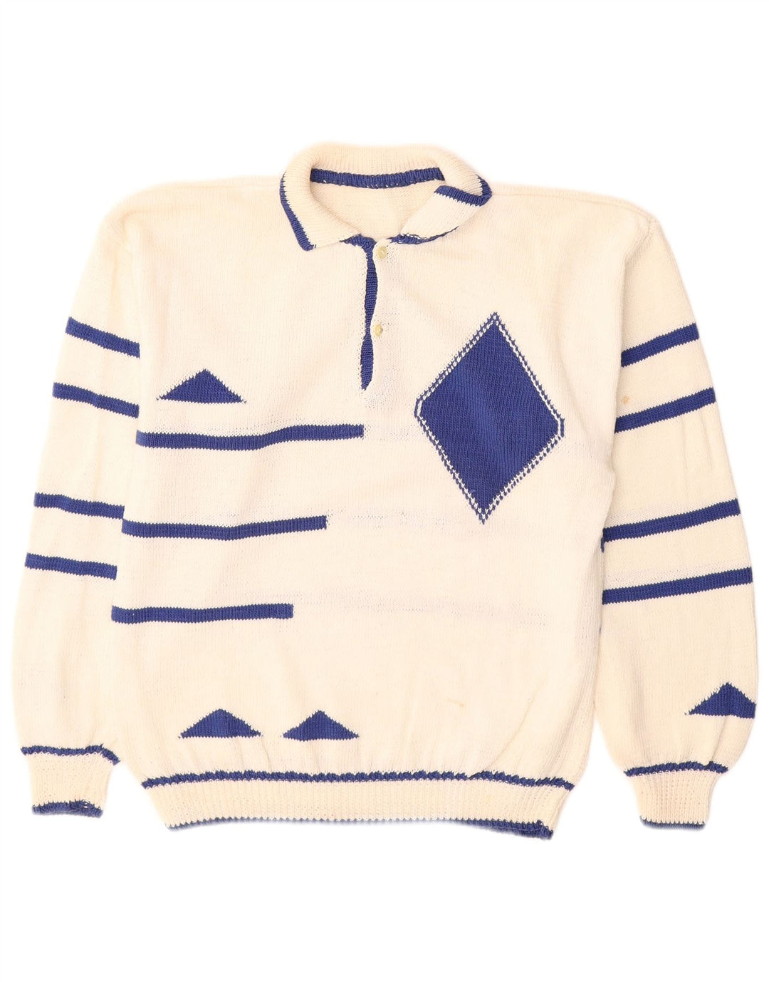 Vintage Mens Polo Neck Jumper Sweater Medium White Geometric
