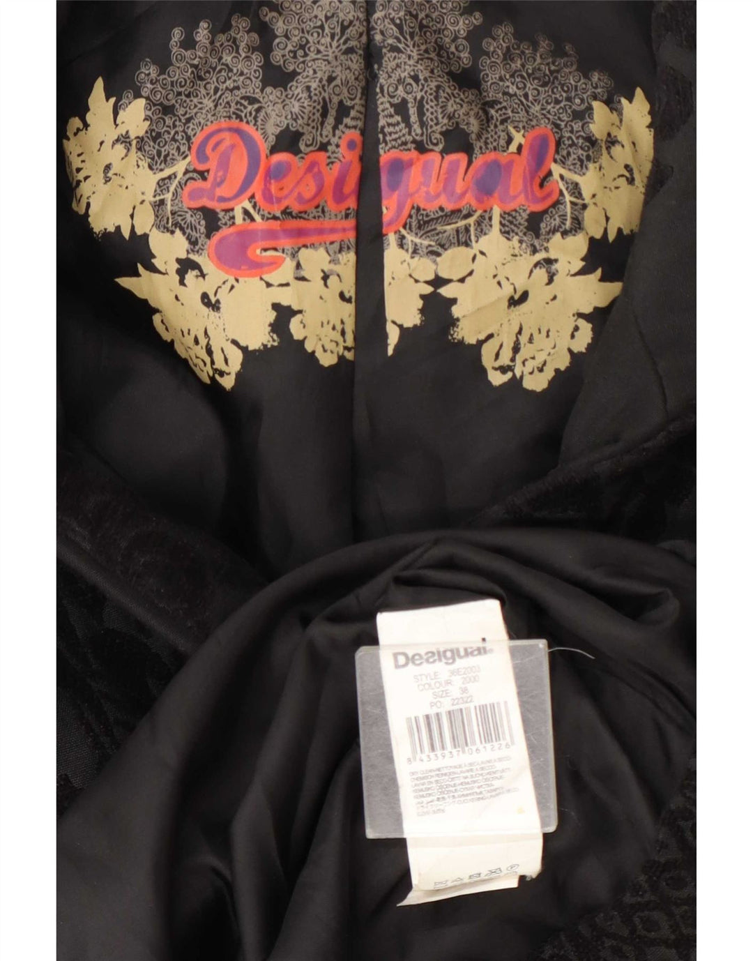 Desigual Womens Overcoat EU 38 Medium Black Floral Polyester