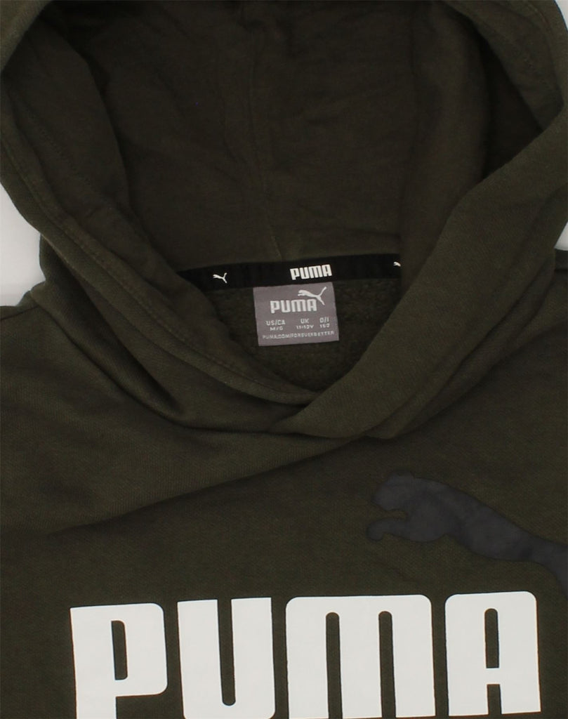 PUMA Boys Graphic Hoodie Jumper UK 11-12 Years Khaki Cotton | Vintage Puma | Thrift | Second-Hand Puma | Used Clothing | Messina Hembry 