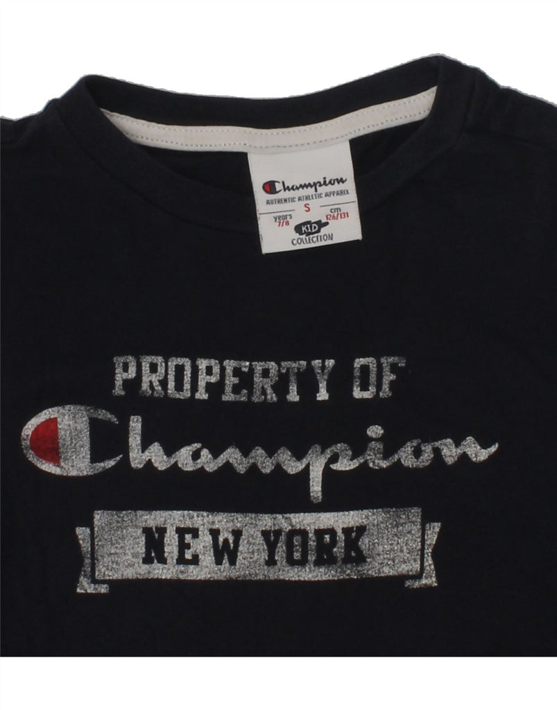 CHAMPION Boys Graphic T-Shirt Top 7-8 Years Small  Navy Blue Cotton | Vintage Champion | Thrift | Second-Hand Champion | Used Clothing | Messina Hembry 