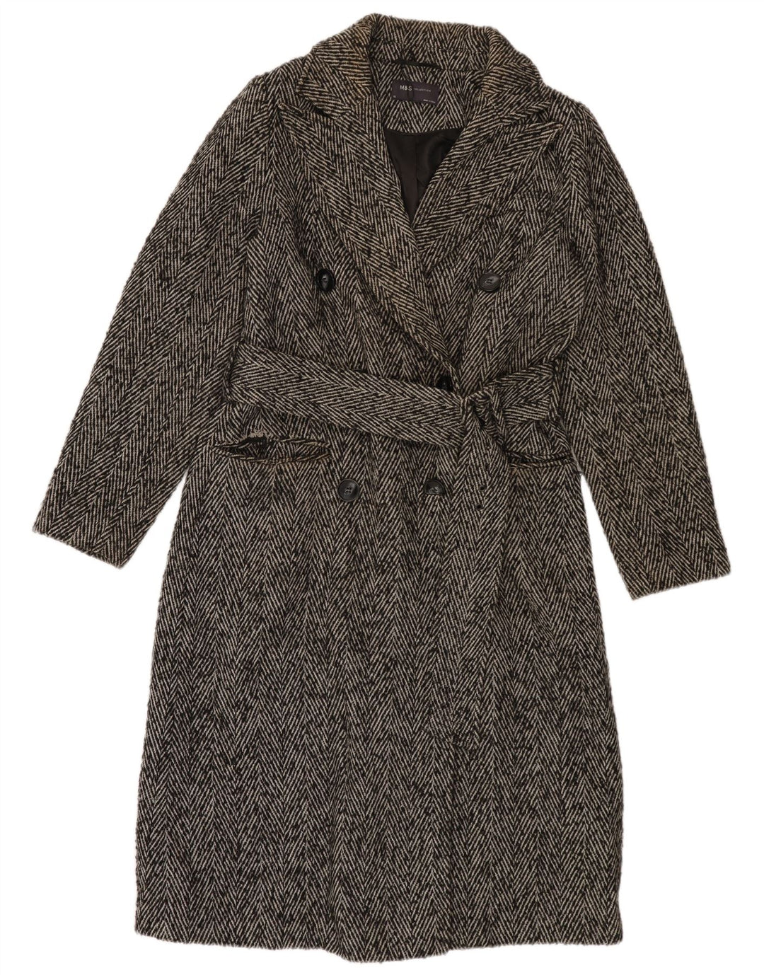 Marks & Spencer Womens Double Breasted Coat UK 10 Small Grey Herringbone