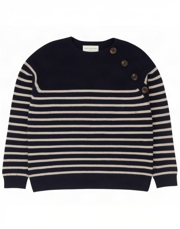 J. Crew Womens Crew Neck Jumper Sweater UK 14 Medium Navy Blue Striped Wool