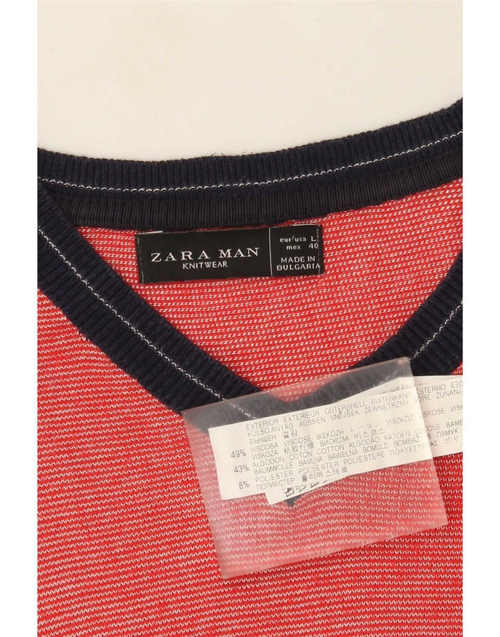 Zara Mens V-Neck Jumper Sweater Large Red Colourblock Viscose