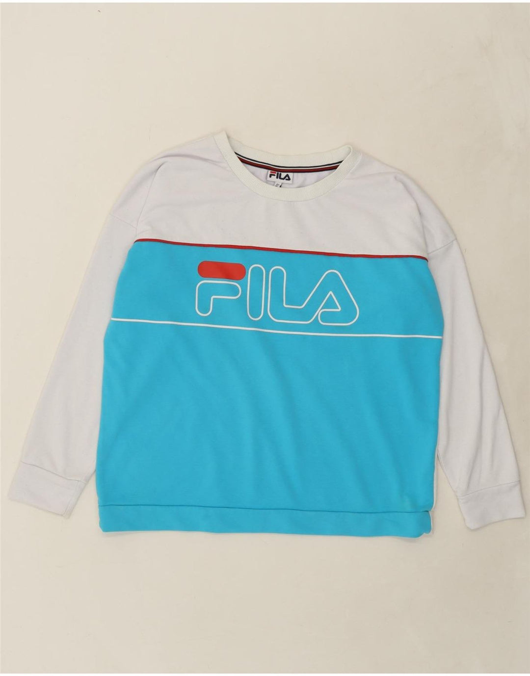 FILA Womens Graphic Oversized Sweatshirt Jumper UK 18 XL White Colourblock Vintage Fila and Second-Hand Fila from Messina Hembry 