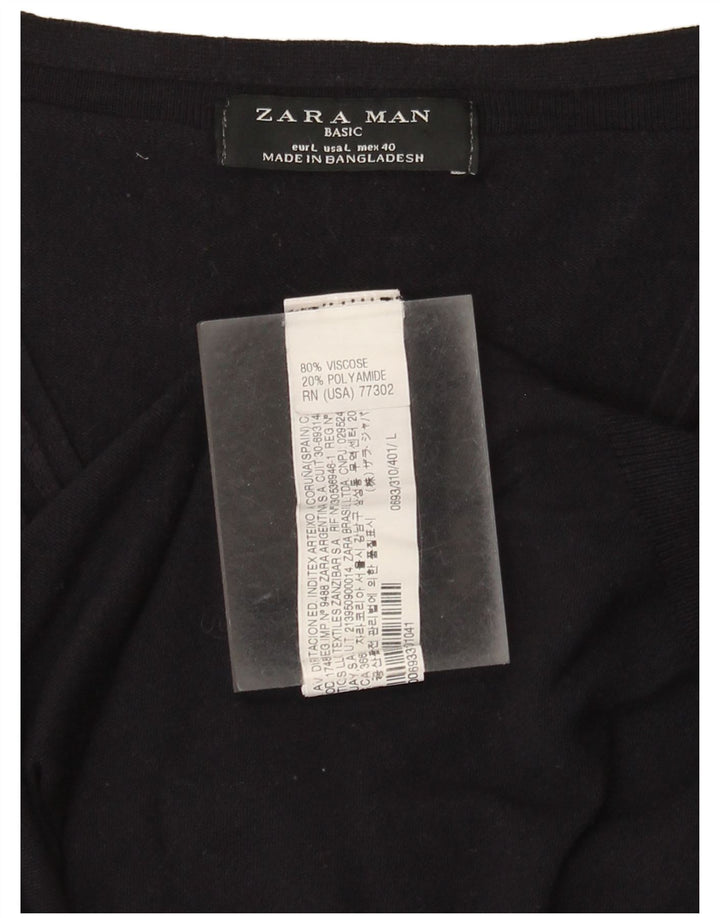 Zara Mens Basic Short Sleeve V-Neck Jumper Sweater Large Navy Blue Viscose