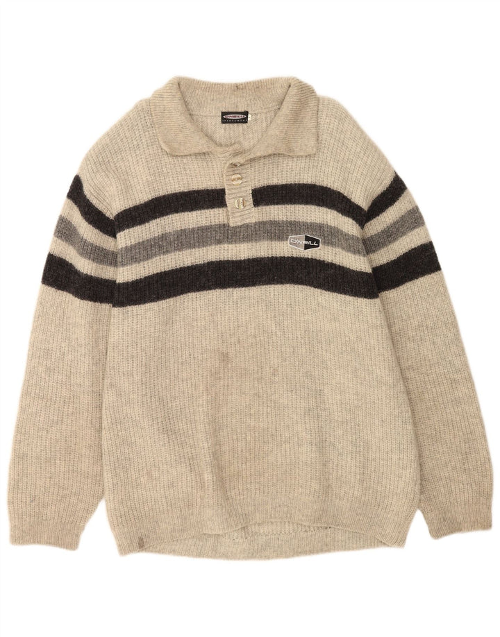 O'Neill Mens Polo Neck Jumper Sweater Large Grey Striped