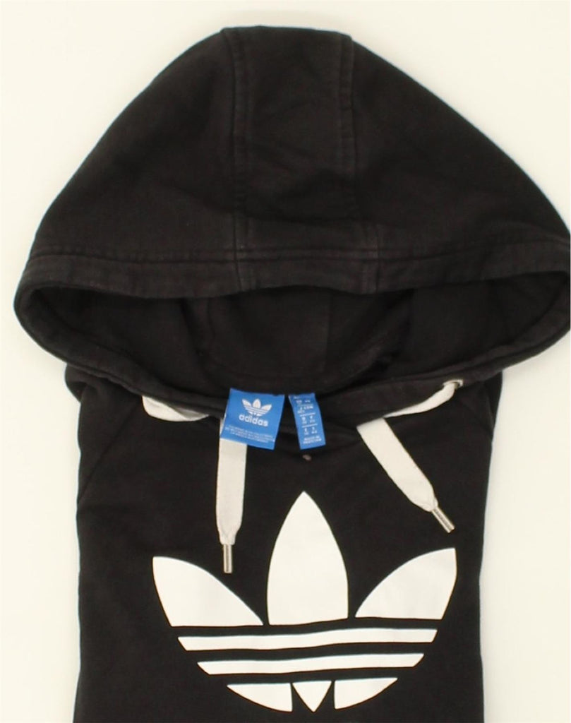 ADIDAS Womens Crop Graphic Hoodie Jumper UK 12 Medium Black Cotton | Vintage Adidas | Thrift | Second-Hand Adidas | Used Clothing | Messina Hembry 