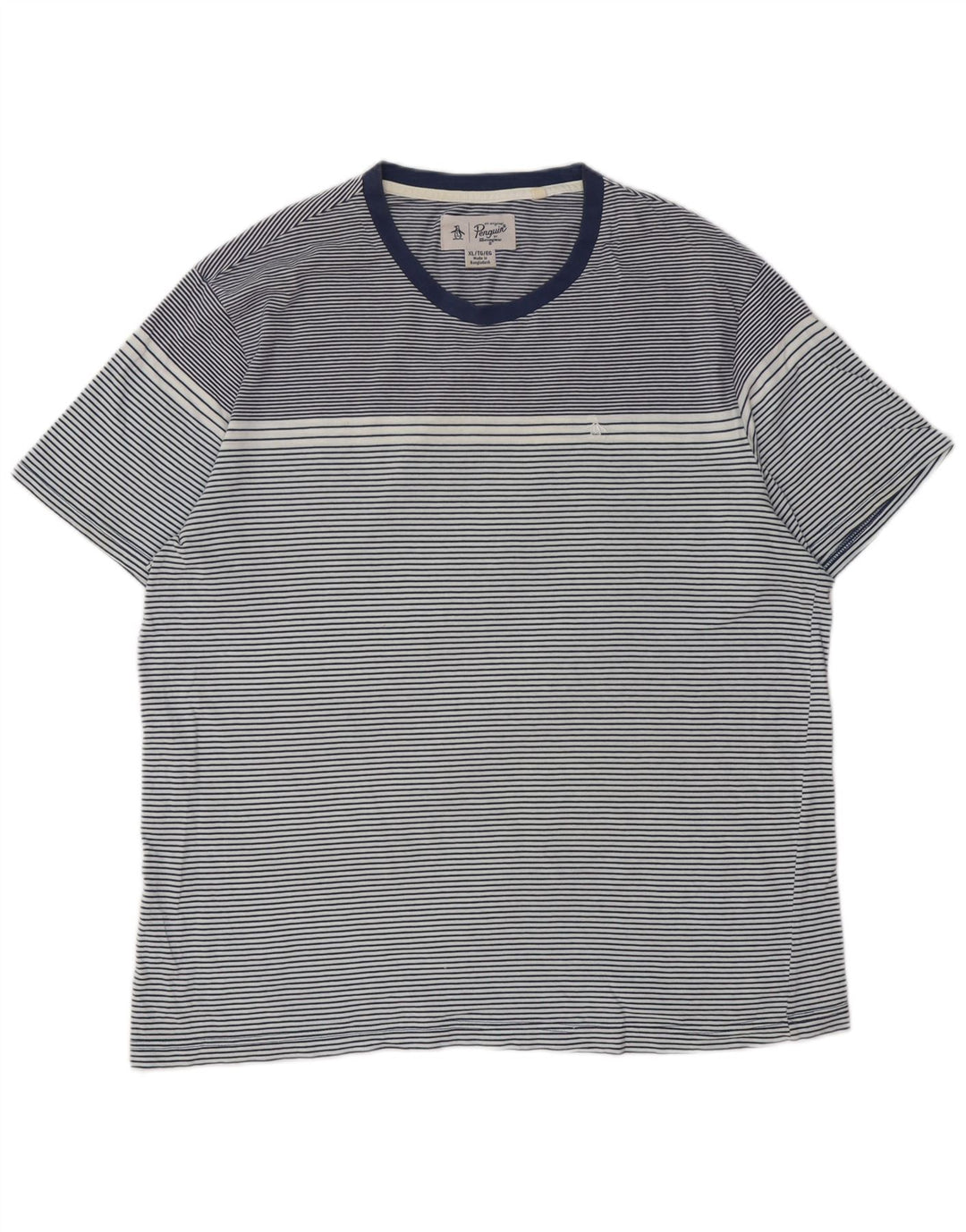 PENGUIN Mens Tall T-Shirt Top XL Navy Blue Striped Cotton