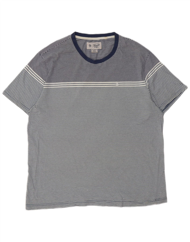 PENGUIN Mens Tall T-Shirt Top XL Navy Blue Striped Cotton