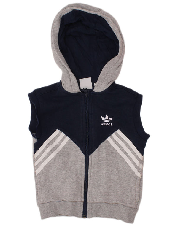 ADIDAS Boys Sleeveless Zip Hoodie Sweater 3-4 Years Navy Blue Colourblock