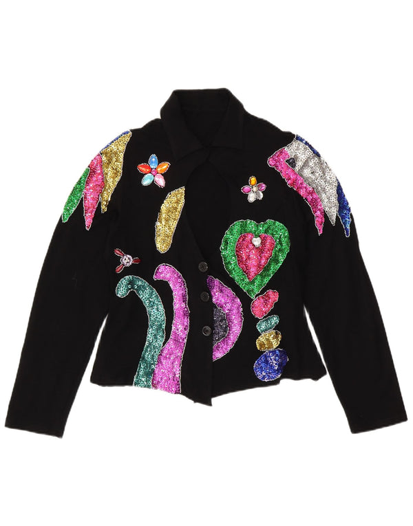 VINTAGE Womens Crop Shirt Blouse UK 12 Medium Black Floral Spandex