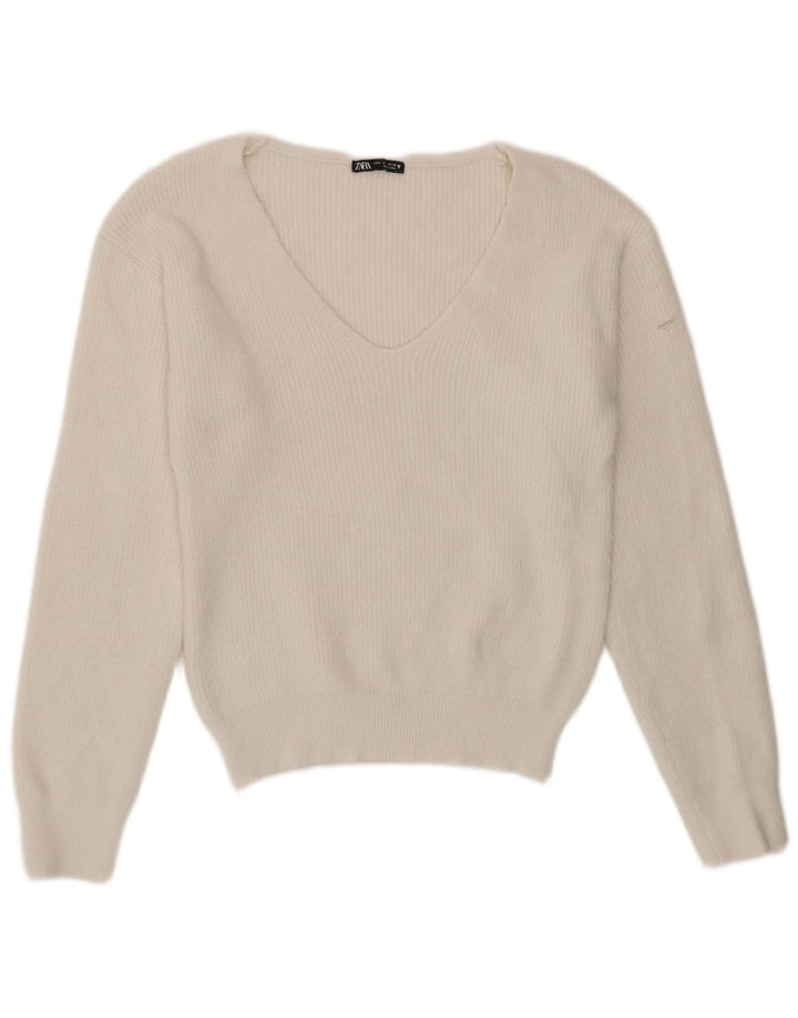 Zara Womens V-Neck Jumper Sweater UK 10 Small White Polyester