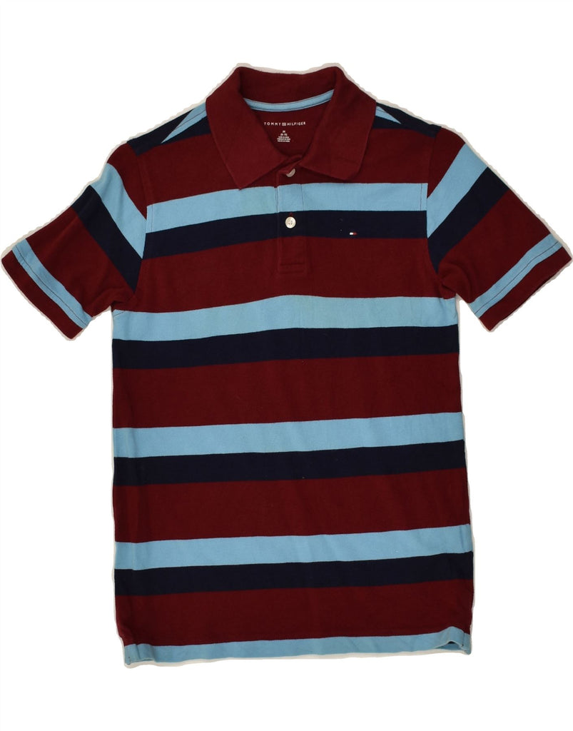 TOMMY HILFIGER Boys Polo Shirt 8-9 Years Maroon Striped Cotton | Vintage Tommy Hilfiger | Thrift | Second-Hand Tommy Hilfiger | Used Clothing | Messina Hembry 