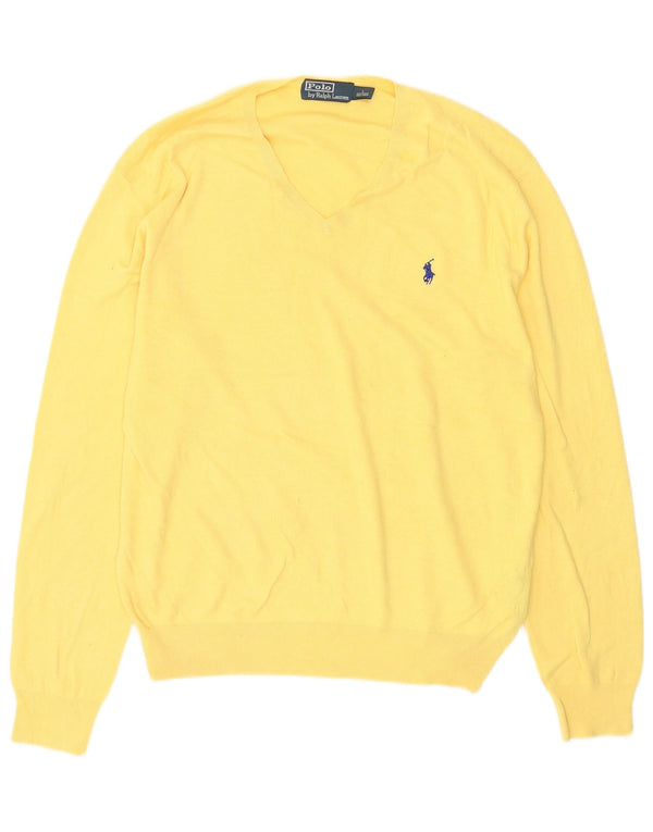 Polo Ralph Lauren Mens V-Neck Jumper Sweater Large Yellow Cotton