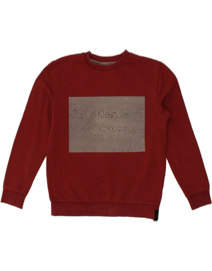 CALVIN KLEIN Mens Graphic Sweatshirt Jumper Small Maroon Cotton Vintage Calvin Klein and Second-Hand Calvin Klein from Messina Hembry 