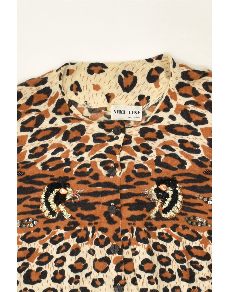 NIKI LINE Womens Crop Cardigan Sweater UK 14 Large Brown Animal Print Wool | Vintage Niki Line | Thrift | Second-Hand Niki Line | Used Clothing | Messina Hembry 