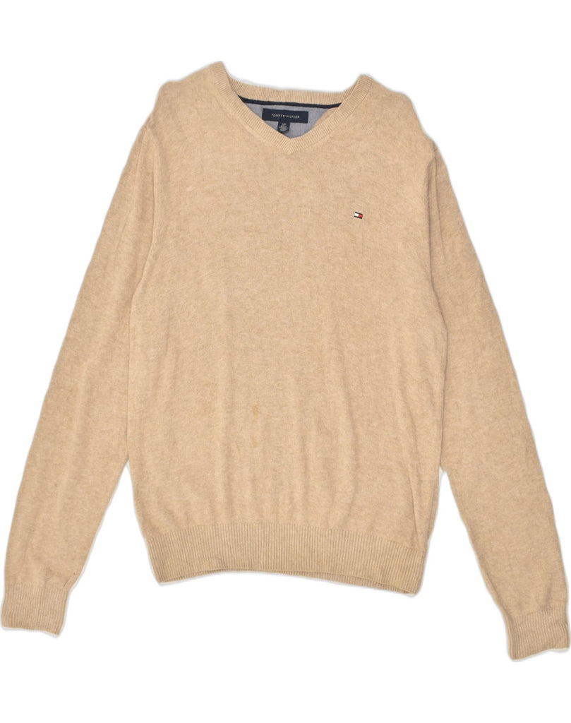 TOMMY HILFIGER Mens V-Neck Jumper Sweater Small Beige Cotton | Vintage Tommy Hilfiger | Thrift | Second-Hand Tommy Hilfiger | Used Clothing | Messina Hembry 