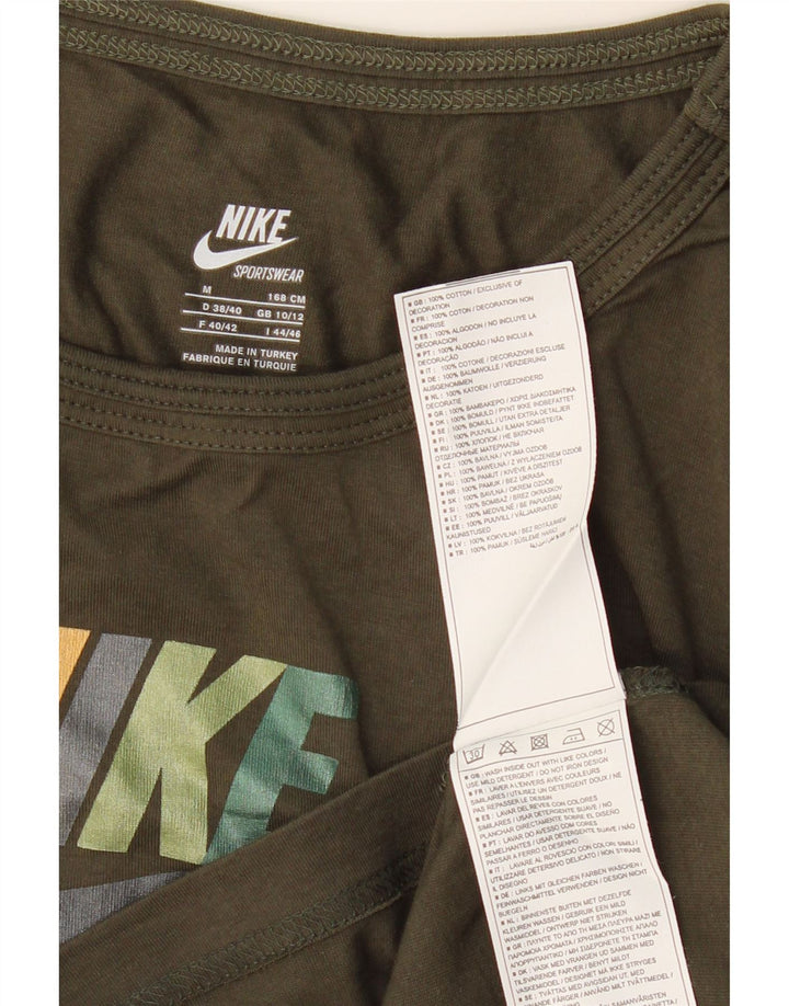 Nike Womens Graphic Top Long Sleeve UK 10/12 Medium Khaki Cotton