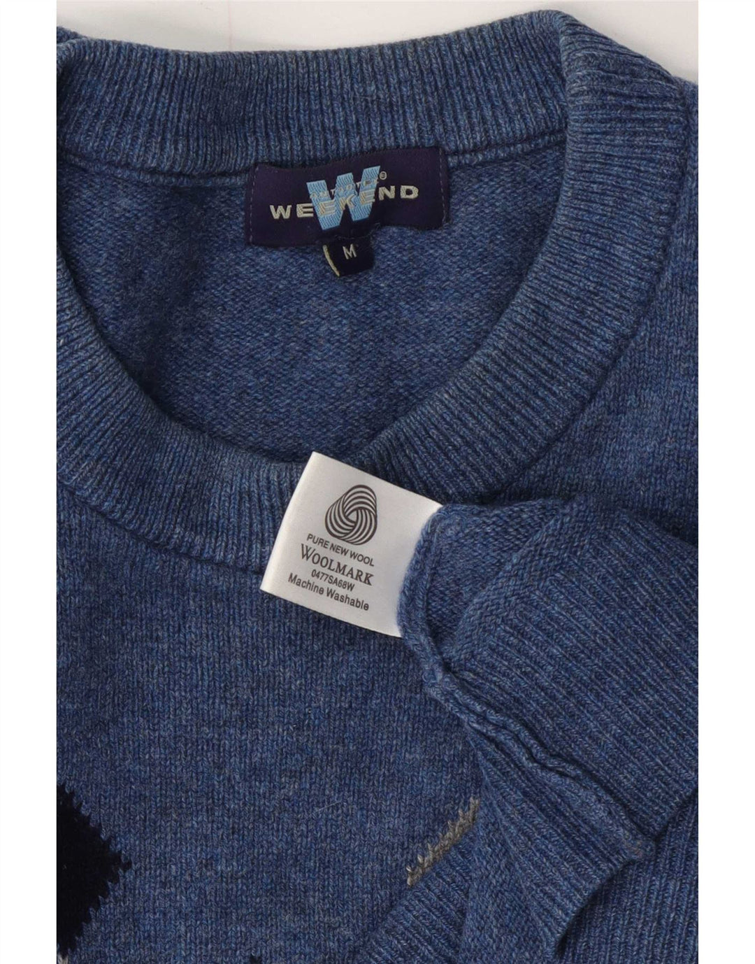 Weekend Mens Crew Neck Jumper Sweater Medium Blue Argyle/Diamond Wool
