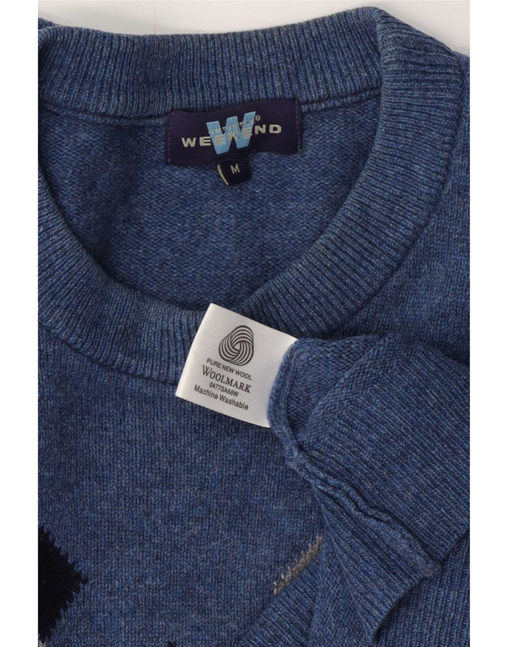 Weekend Mens Crew Neck Jumper Sweater Medium Blue Argyle/Diamond Wool