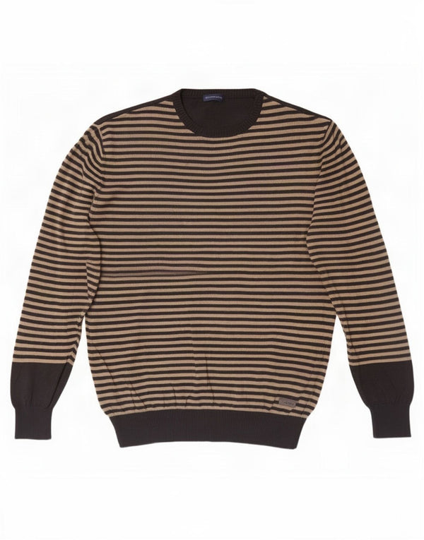Trussardi Jeans Mens Crew Neck Jumper Sweater 2XL Beige Striped Cotton
