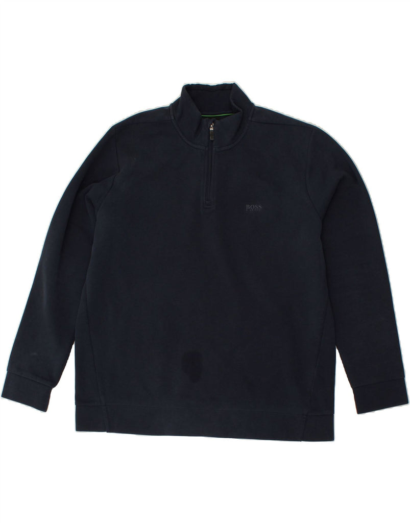 HUGO BOSS Mens Zip Neck Sweatshirt Jumper 2XL Navy Blue Cotton | Vintage Hugo Boss | Thrift | Second-Hand Hugo Boss | Used Clothing | Messina Hembry 
