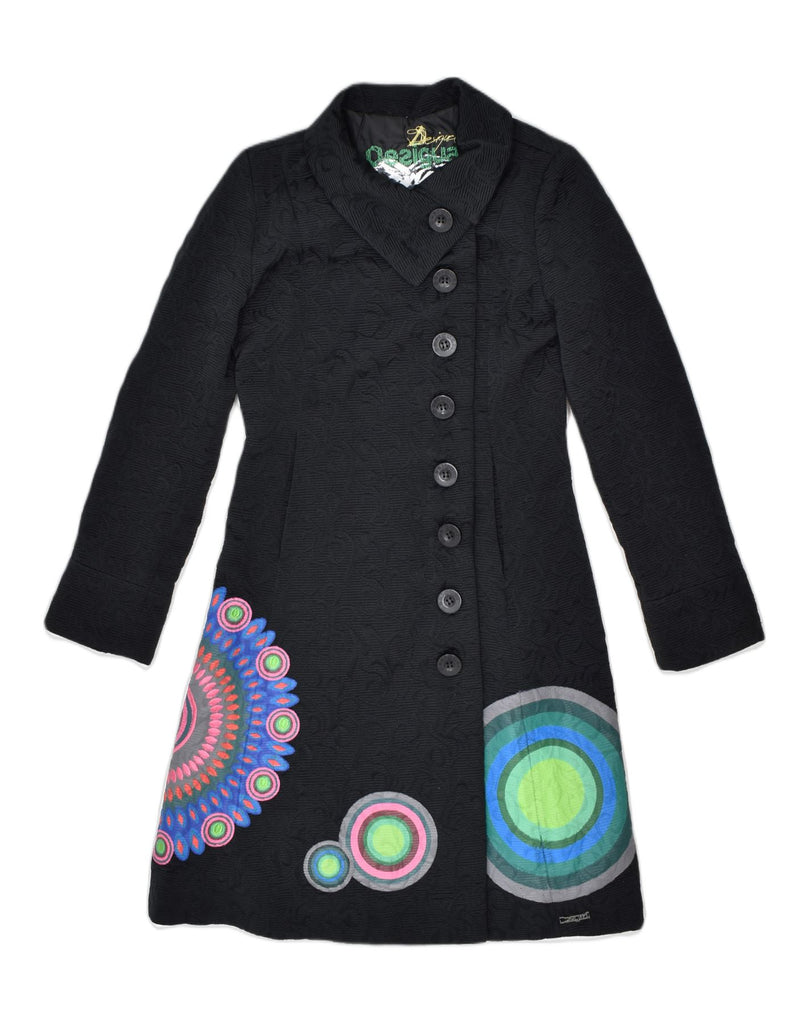 DESIGUAL Womens Graphic Overcoat UK 12 Medium Black Floral Cotton | Vintage Desigual | Thrift | Second-Hand Desigual | Used Clothing | Messina Hembry 