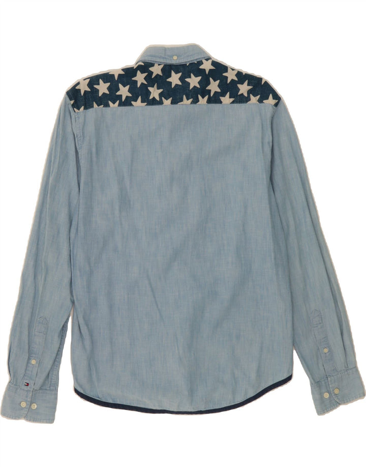 TOMMY HILFIGER Mens Custom Fit Shirt Large Blue Colourblock Cotton Vintage Tommy Hilfiger and Second-Hand Tommy Hilfiger from Messina Hembry 