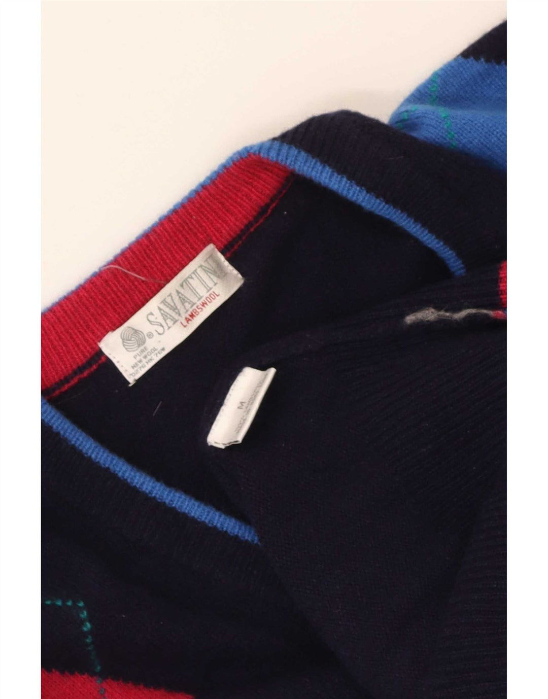 Vintage Mens V-Neck Jumper Sweater Medium Navy Blue Argyle/Diamond