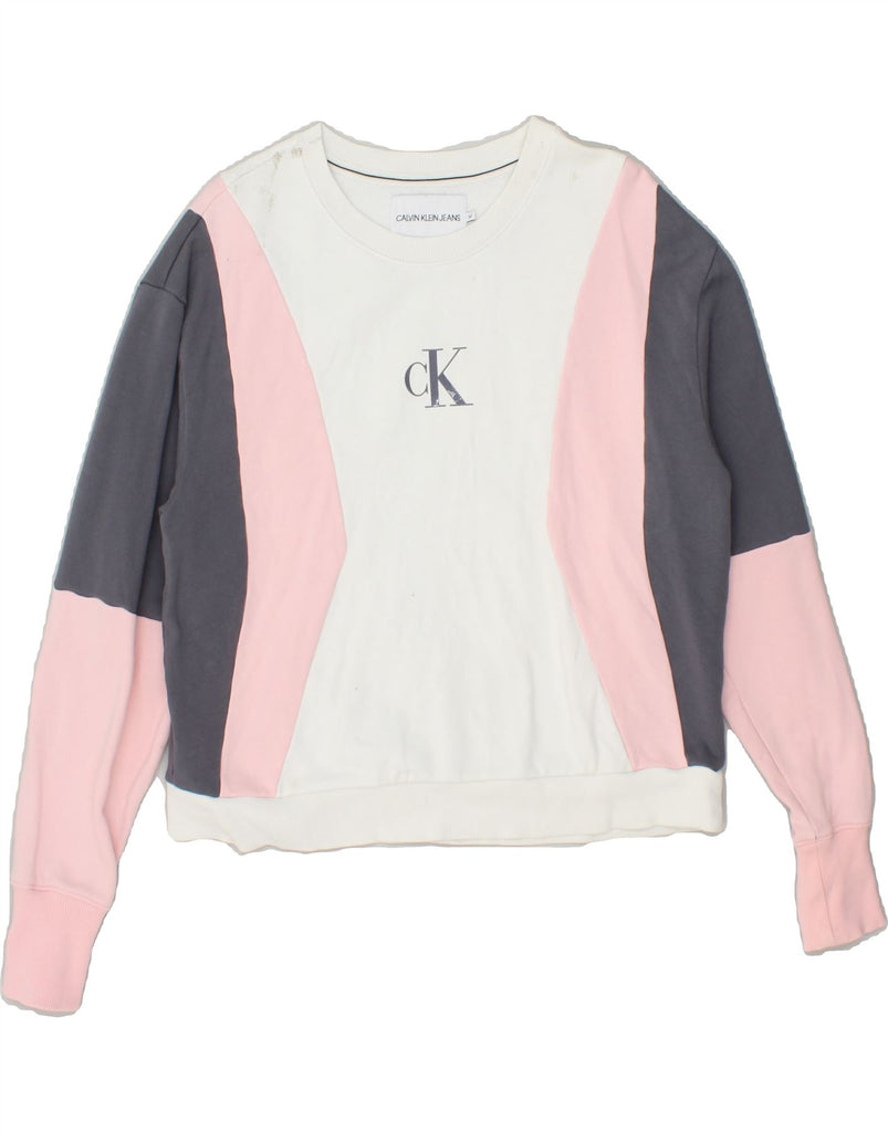 CALVIN KLEIN JEANS Womens Graphic Sweatshirt Jumper UK 14 Medium White | Vintage Calvin Klein Jeans | Thrift | Second-Hand Calvin Klein Jeans | Used Clothing | Messina Hembry 