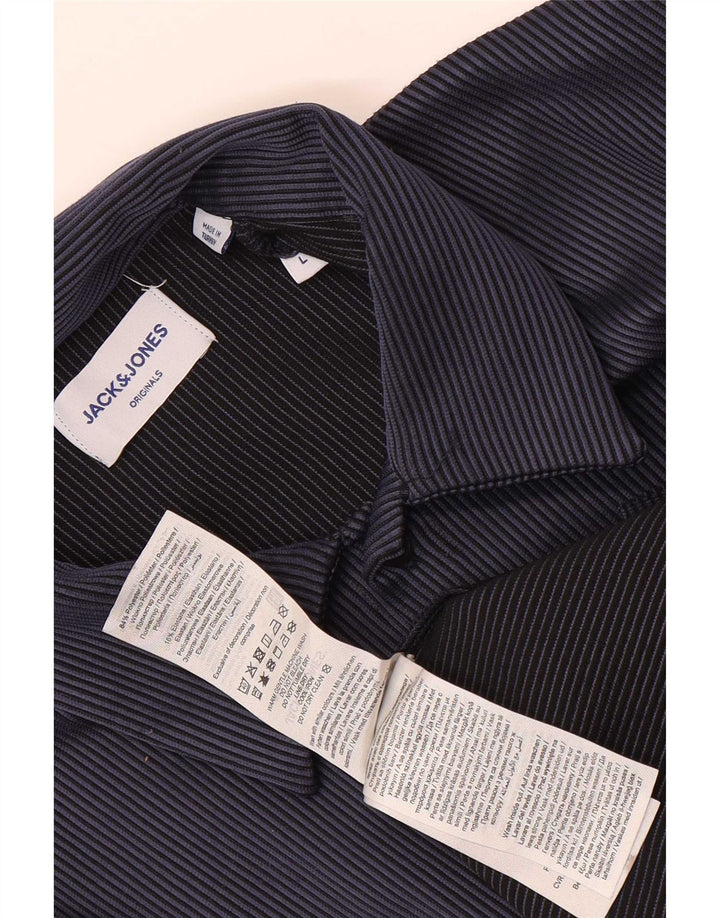 Jack & Jones Mens Short Sleeve Shirt Large Navy Blue Striped Polyester