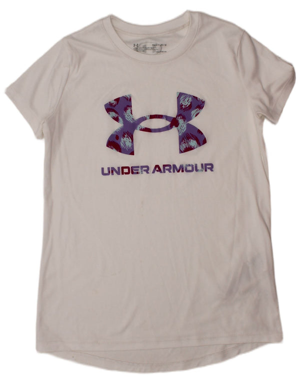 UNDER ARMOUR Girls Heat Gear Graphic T-Shirt Top 9-10 Years Medium White