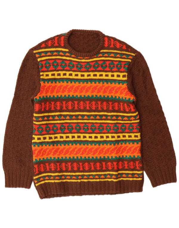VINTAGE Mens Crew Neck Jumper Sweater Medium Brown Fair Isle