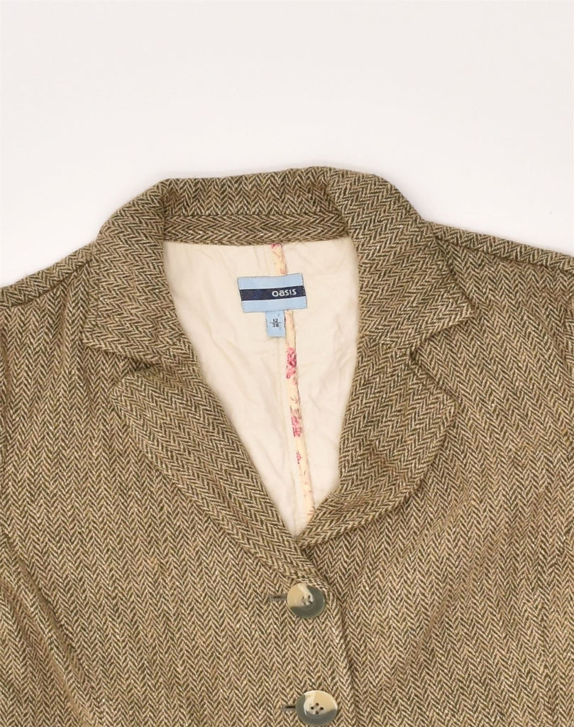 OASIS Womens 3 Button Blazer Jacket UK 12 Medium Khaki Herringbone Viscose | Vintage Oasis | Thrift | Second-Hand Oasis | Used Clothing | Messina Hembry 