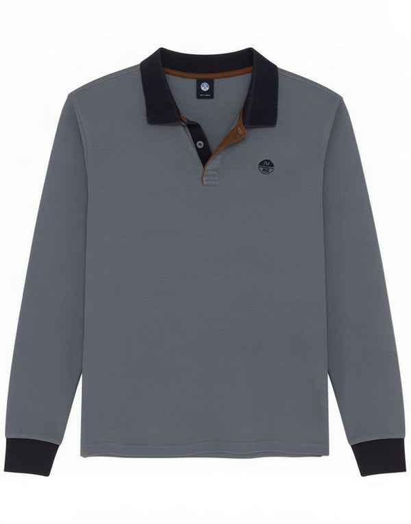 North Sails Mens Long Sleeve Polo Shirt Large Grey Colourblock Cotton