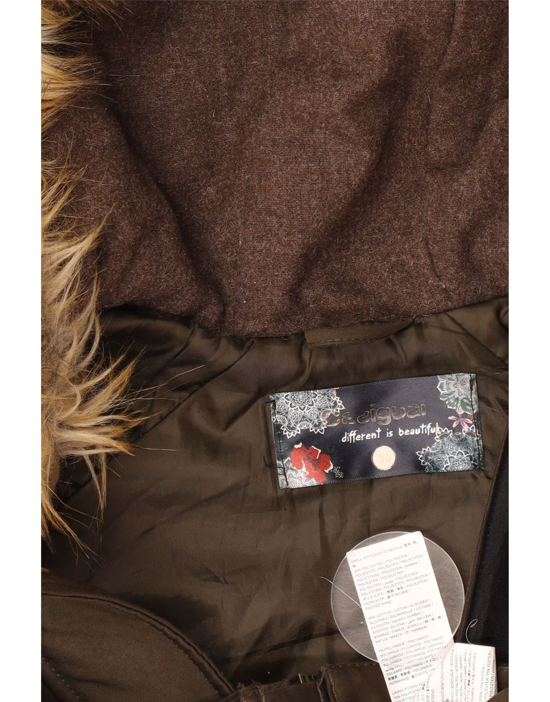Desigual Womens Graphic Hooded Parka Jacket EU 38 Medium Khaki Cotton