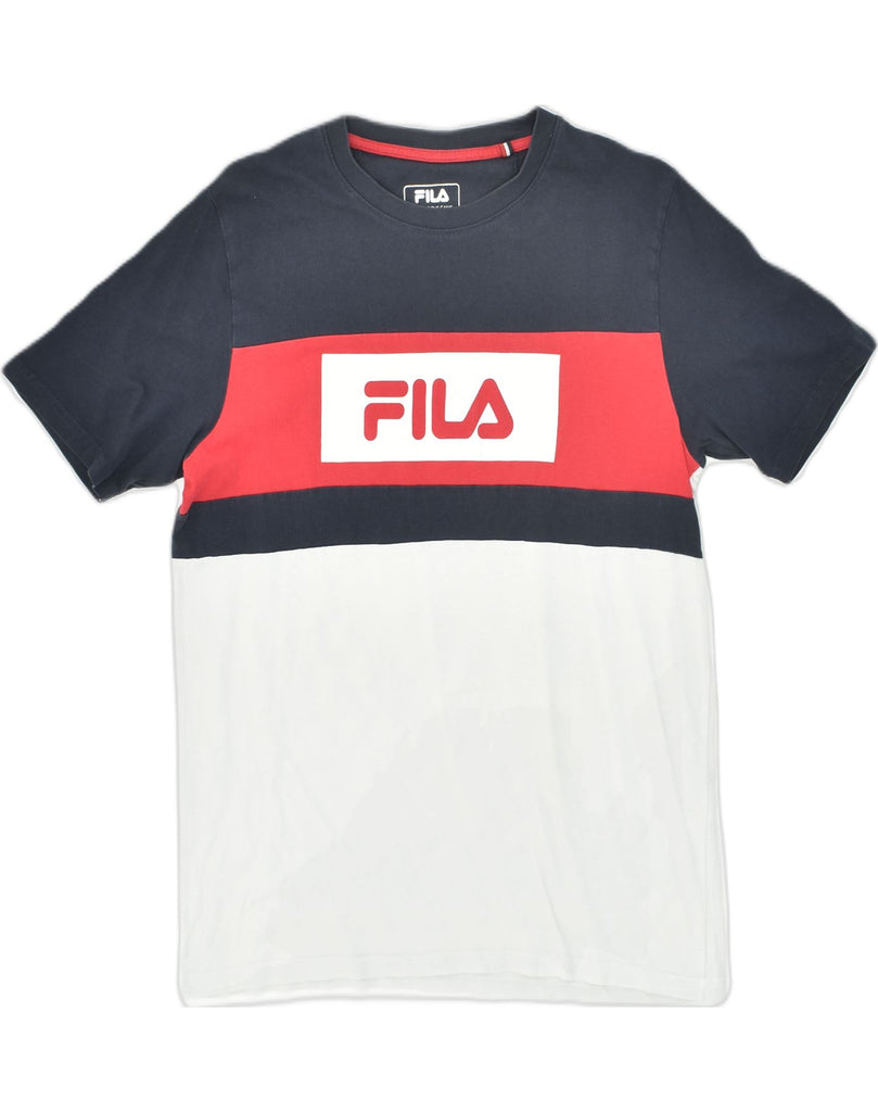 FILA Mens Graphic T-Shirt Top Medium Navy Blue Colourblock Cotton | Vintage Fila | Thrift | Second-Hand Fila | Used Clothing | Messina Hembry 