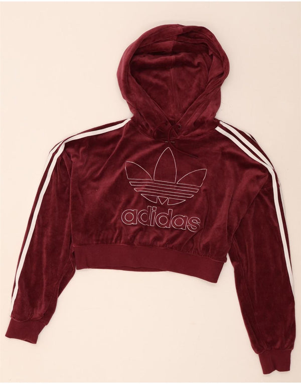 Adidas Womens Oversized Crop Velour Hoodie Jumper UK 8 Small Burgundy