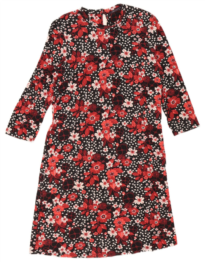 Marks & Spencer Womens 3/4 Sleeve Shift Dress UK 12 Medium Black Floral