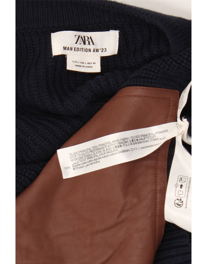 Zara Mens Cardigan Sweater Large Navy Blue Colourblock Cotton