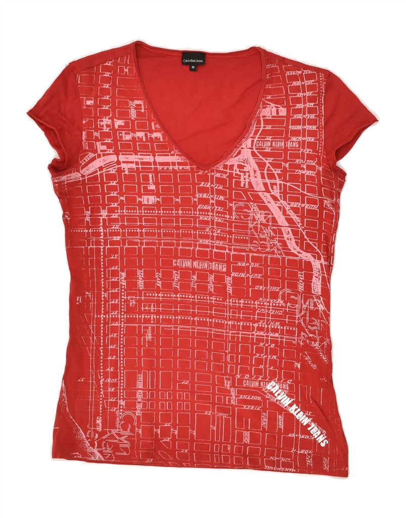 CALVIN KLEIN Womens Graphic Blouse Top UK 12 Medium Red Cotton | Vintage Calvin Klein | Thrift | Second-Hand Calvin Klein | Used Clothing | Messina Hembry 