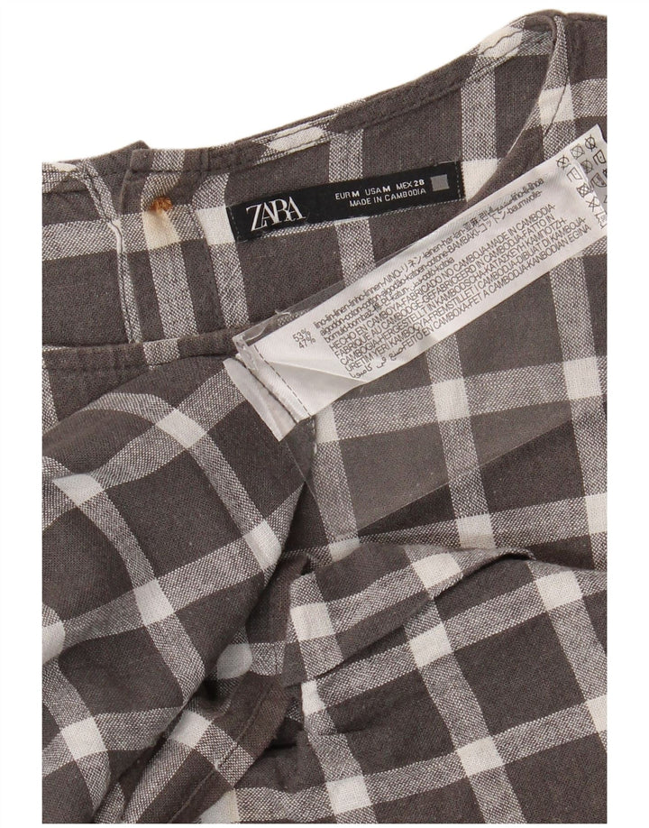 Zara Womens Short Sleeve Oversized Shirt Blouse UK 14 Medium Grey Check