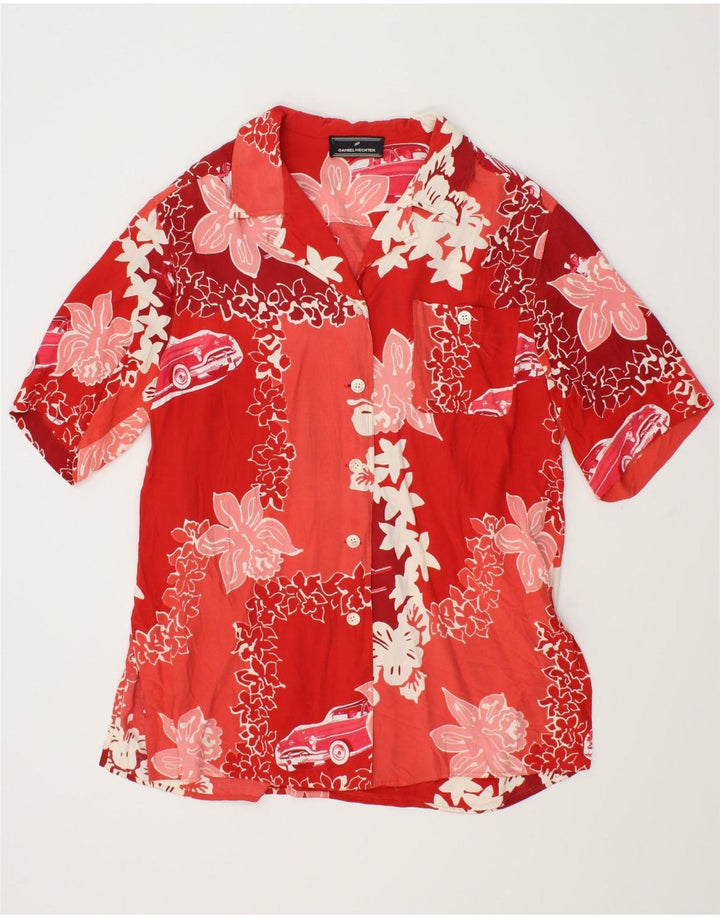 DANIEL HECHTER Womens Longline Short Sleeve Shirt UK 14 Medium Red Floral Vintage Daniel Hechter and Second-Hand Daniel Hechter from Messina Hembry 