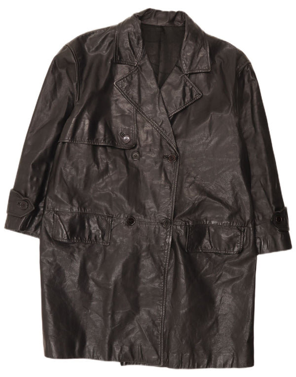 Vintage Womens Relaxed Fit Double Breasted Leather Coat IT 42 Medium Black