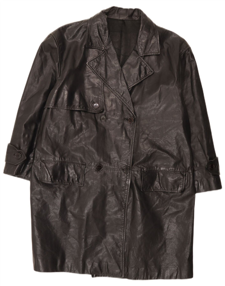 Vintage Womens Relaxed Fit Double Breasted Leather Coat IT 42 Medium Black