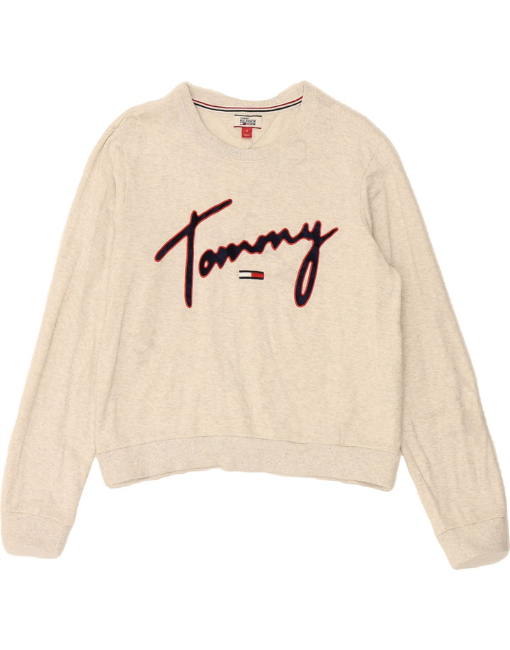 TOMMY HILFIGER Womens Graphic Sweatshirt Jumper UK 14 Medium Grey Cotton Vintage Tommy Hilfiger and Second-Hand Tommy Hilfiger from Messina Hembry 